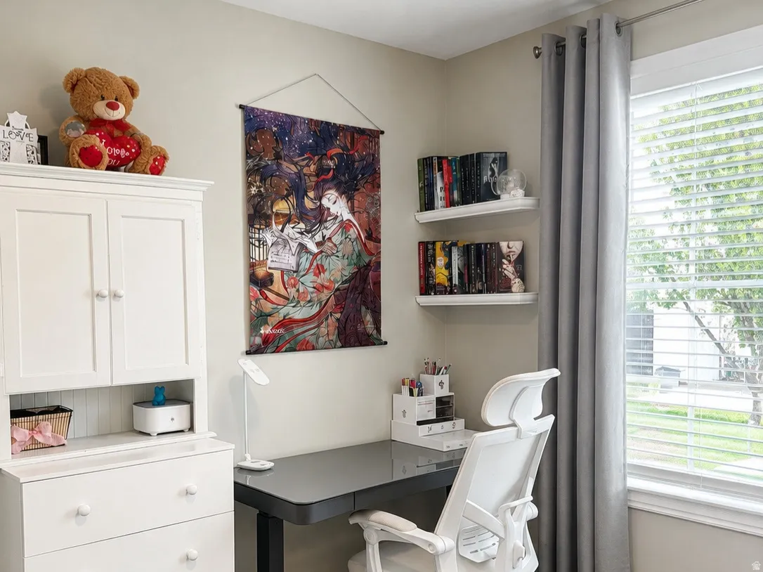 Recessed lighting with a ceiling fan, window with blinds and curtains, wall-mounted shelving, built-in cabinetry, and neutral-toned carpeting