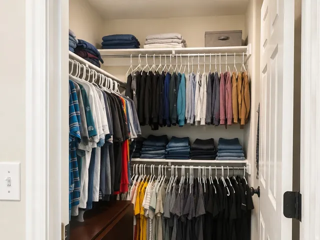 Recessed ceiling lighting, carpet flooring, built-in shelving, and hanging rod storage