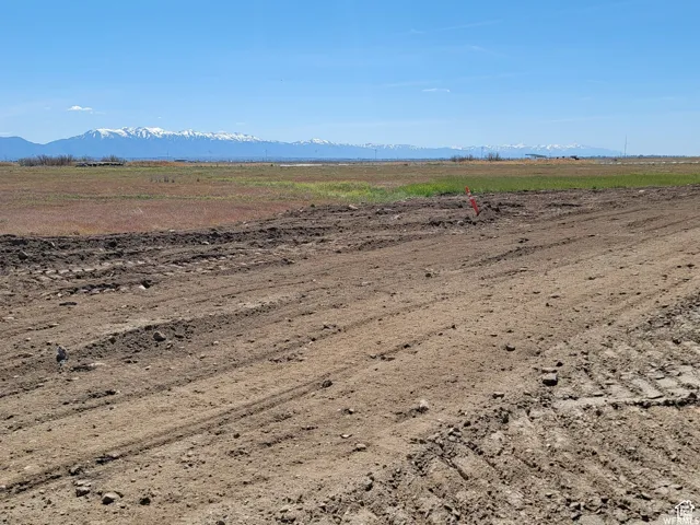 Expansive land parcel with visible tire tracks, surrounded by open fields, and distant snow-capped mountains under a clear sky