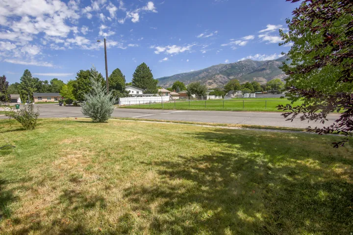 Expansive lawn area with mature trees and a mountain backdrop