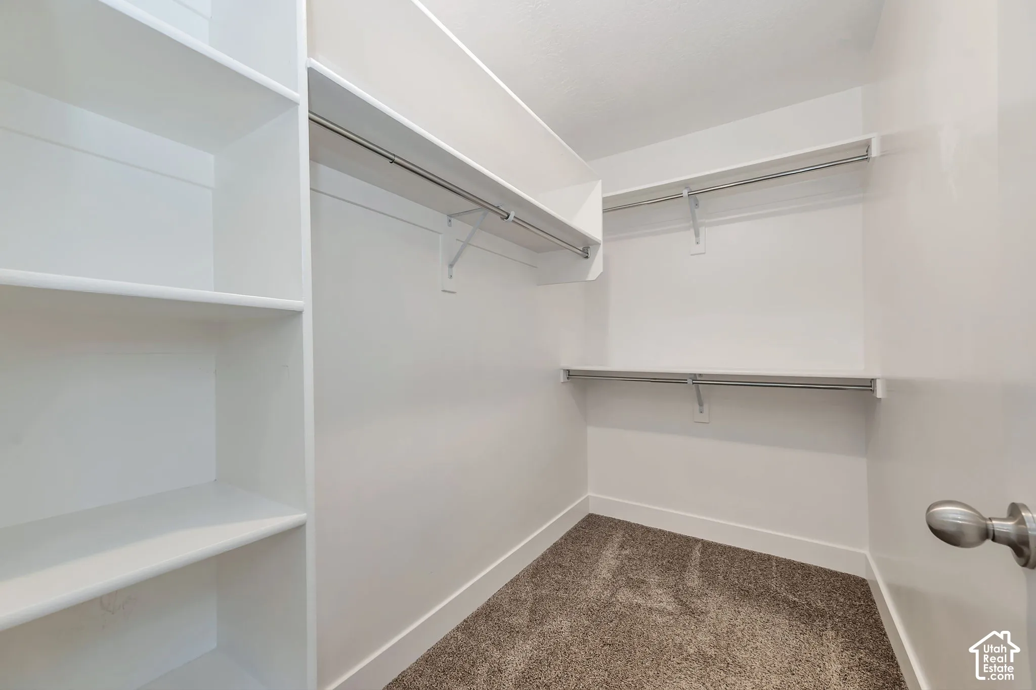 Built-in shelving, multiple hanging rods, white walls, and carpet flooring