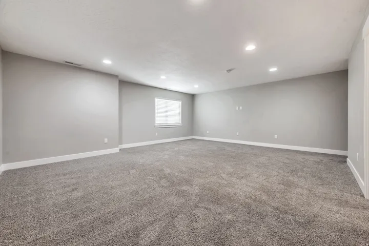Expansive room featuring plush grey carpeting, light grey wall finishes, and recessed ceiling lighting