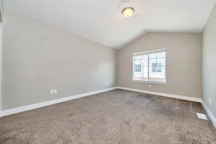 Vaulted ceiling, neutral wall paint, carpeted flooring, large window with grid pattern, and white trim