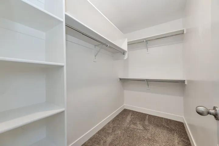 Built-in shelving, multiple hanging rods, white walls, and carpet flooring