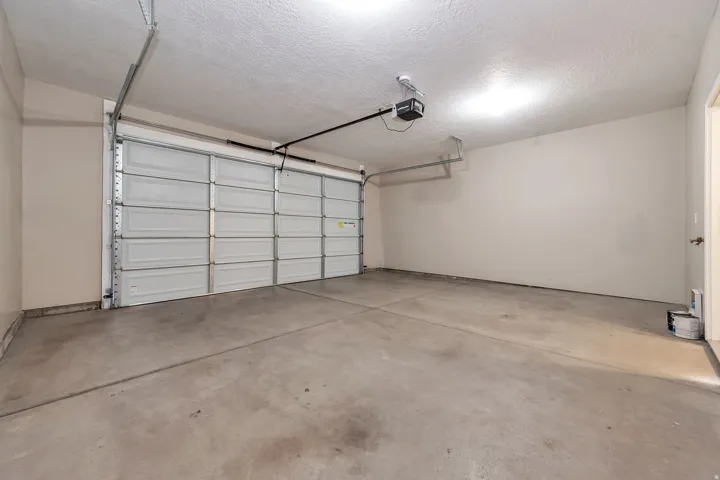 Concrete flooring and a paneled garage door