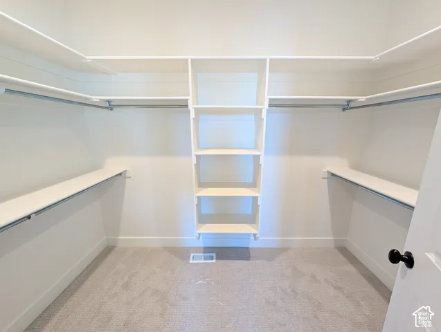 Walk-in closet featuring built-in shelving, multiple hanging rods, and carpet flooring