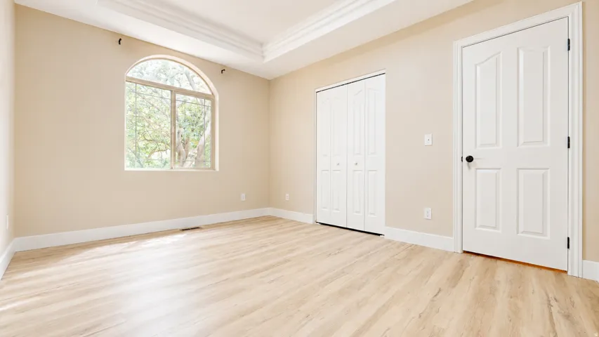 Arch-top window, tray ceiling, wood-finish flooring, bi-fold closet doors, and panel interior door
