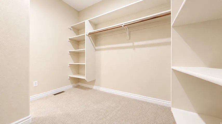 Built-in shelving, hanging rod, neutral-toned wall finish, and carpeting