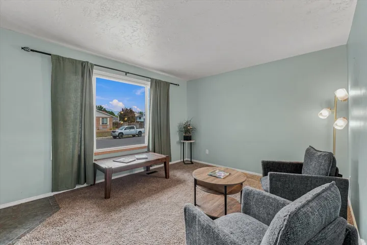 Bright, light-filled living space featuring soft sage-green walls, expansive front-facing windows with natural light, wood-finish flooring, and neutral linen drapery