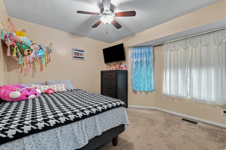 Spacious bedroom featuring neutral wall finishes, carpeted flooring, a ceiling fan with integrated lighting, and large windows with sheer curtains providing natural light