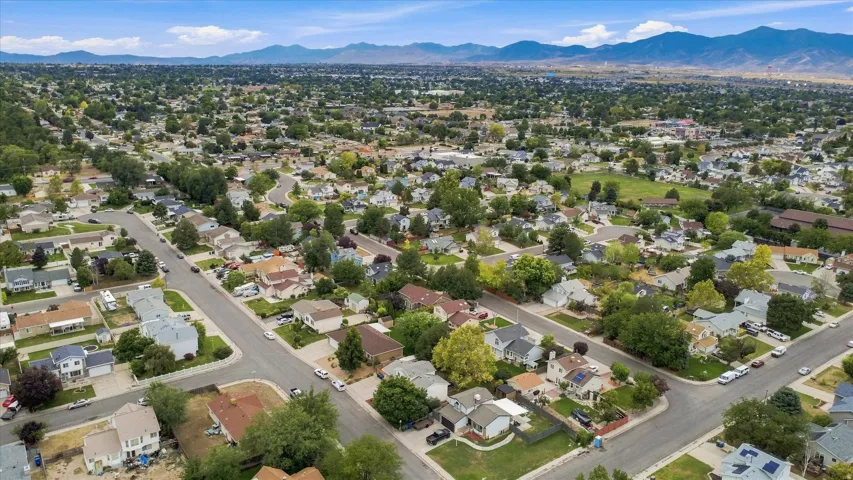Aerial view showcasing a well-established neighborhood with tree-lined streets, diverse single-family residences, and manicured landscaping