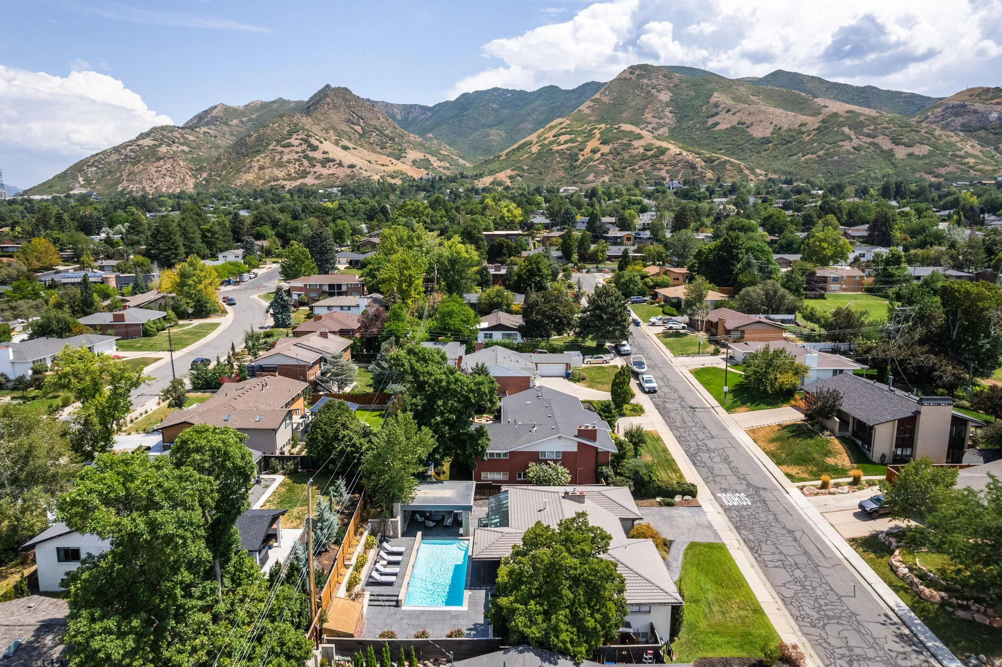 Expansive neighborhood setting with established streetscaping, mature tree canopy, and mountain backdrop