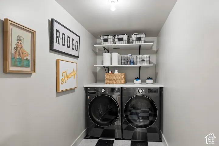 Built-in shelving with black support brackets, white countertop, and checkered floor