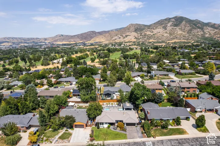 Residential area featuring mature trees and mountain backdrop