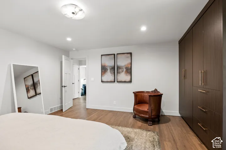 Wood-finish flooring, recessed lighting, and a contemporary ceiling fixture