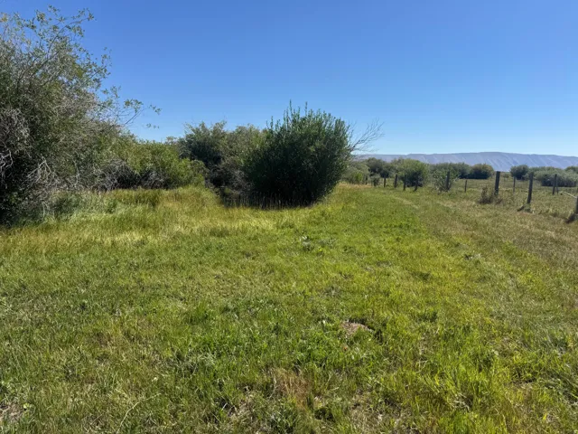 Expansive green space with natural landscaping, sparse fencing, and distant mountain backdrop
