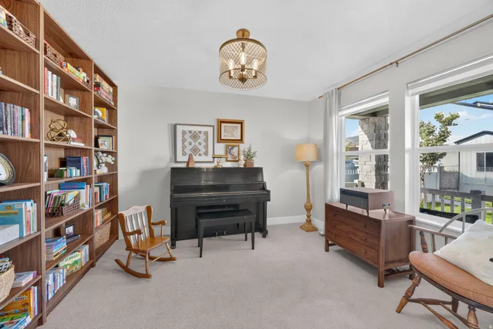 Full-height built-in wood shelving, textured ceiling, and neutral carpeting