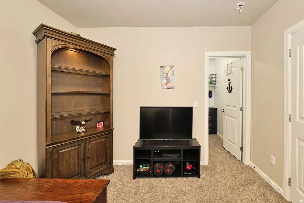 Built-in wood-finish corner shelving with integrated lighting, neutral carpet, and white trim