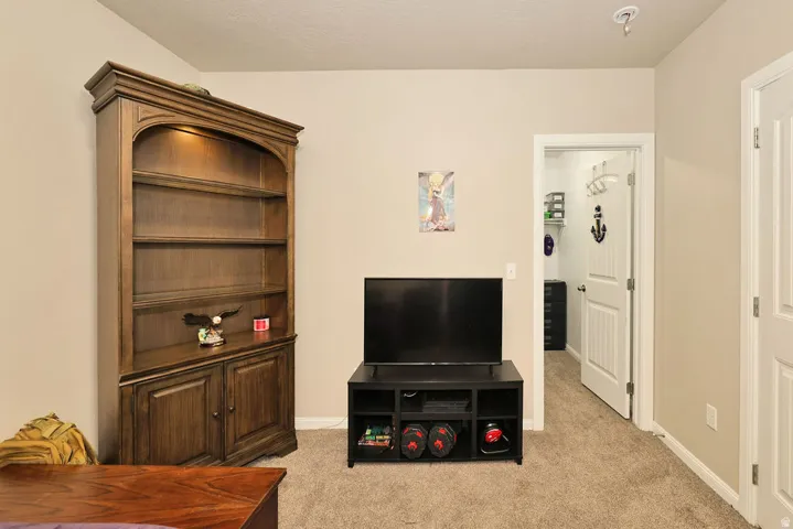 Built-in wood-finish corner shelving with integrated lighting, neutral carpet, and white trim