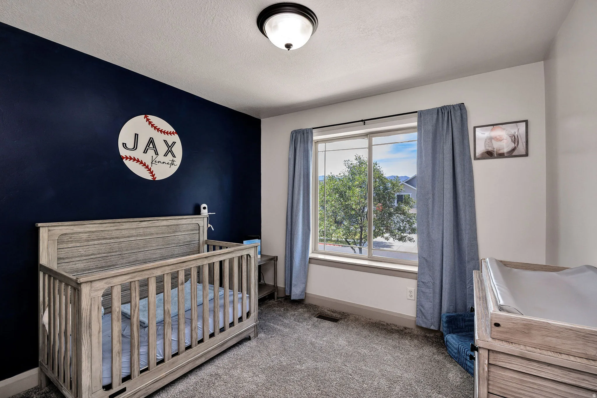 Plush carpeting, large window with ample natural light, and a ceiling-mounted light fixture