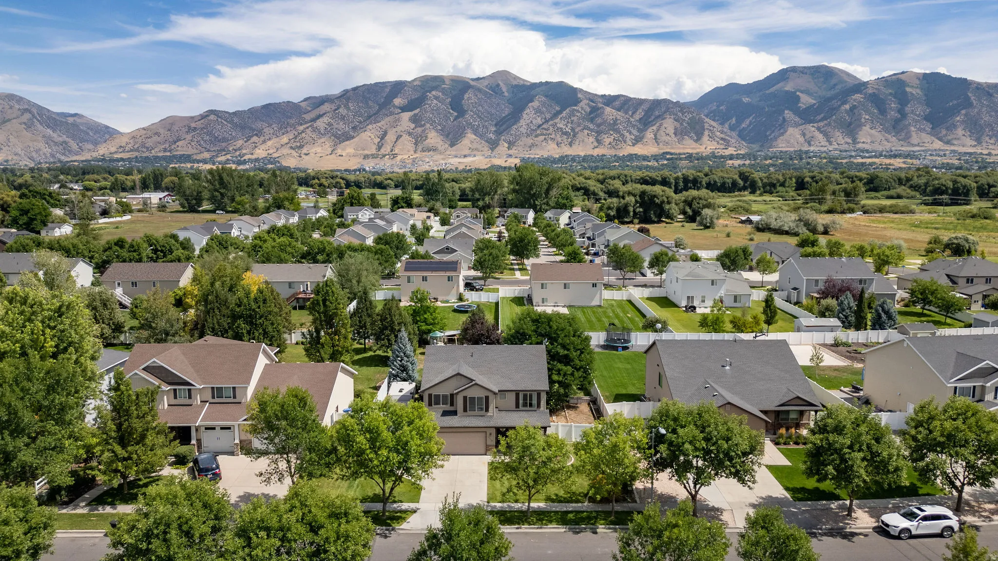 Residential neighborhood with mature trees and mountain backdrop