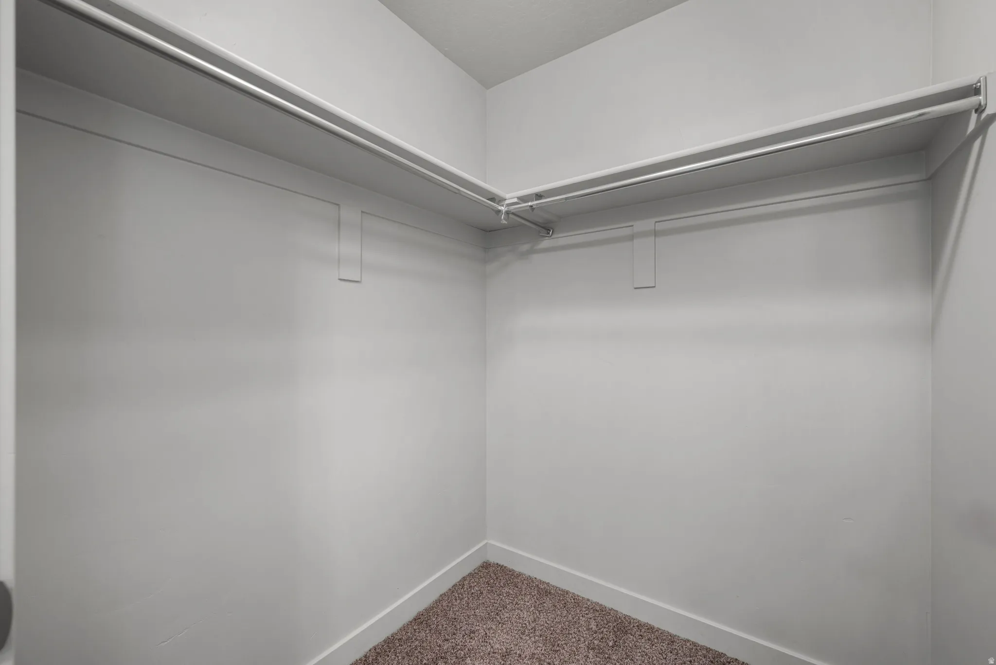 Wall-mounted shelving with integrated hanging rods, white painted walls, and brown carpet flooring
