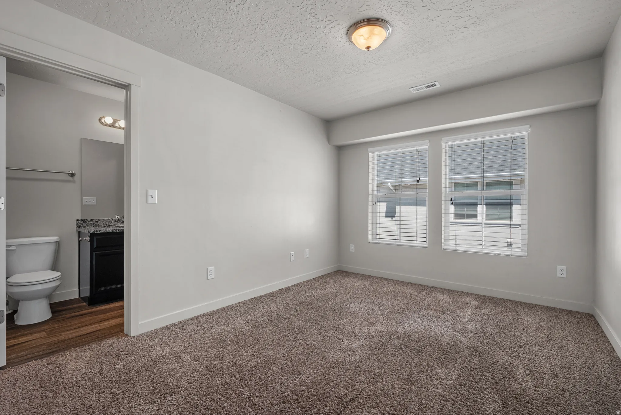 Plush carpet flooring, light neutral wall paint, two windows with blinds, and a semi-flush mount ceiling light