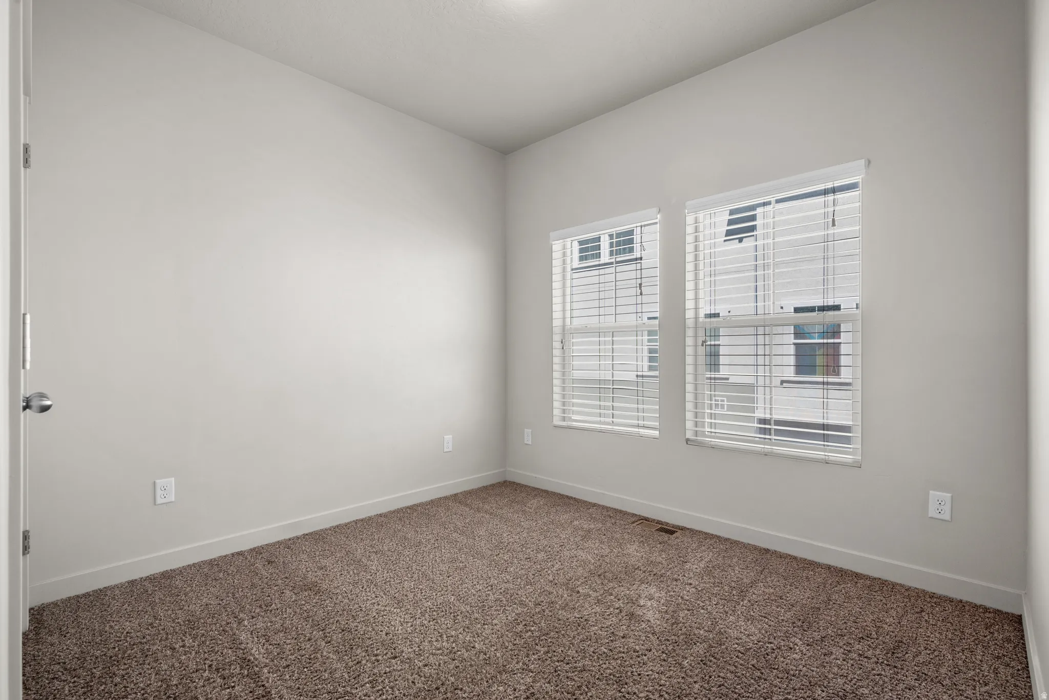 Neutral wall paint, plush carpet flooring, two windows with blinds, a modern door, and standard outlets