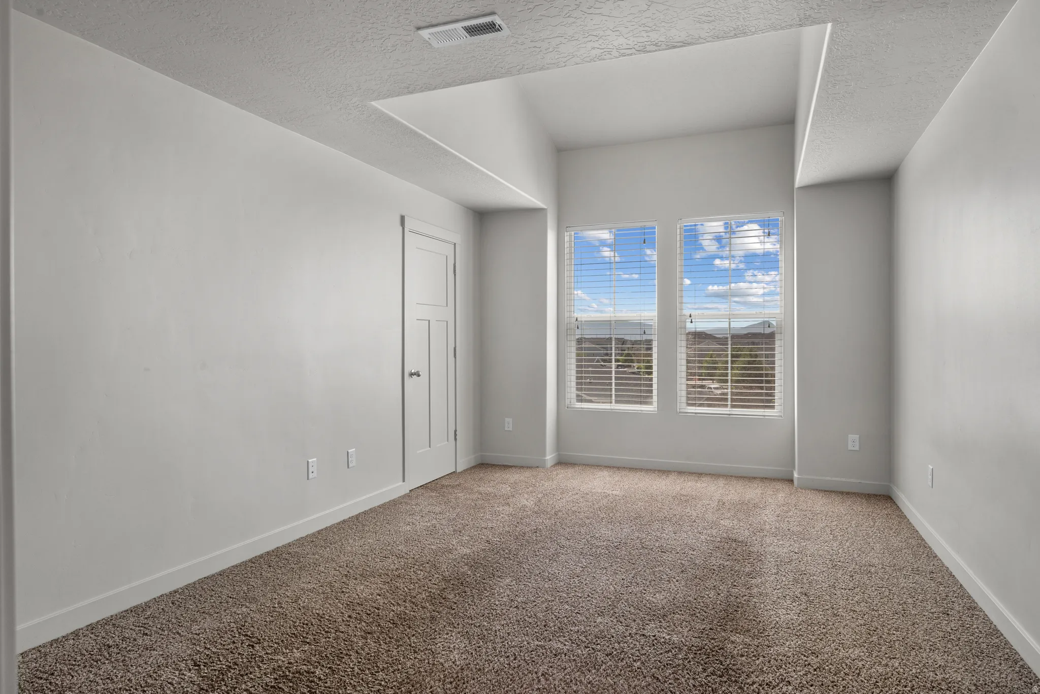 Carpeted room featuring two large windows with horizontal blinds, a white paneled door, and a recessed ceiling design