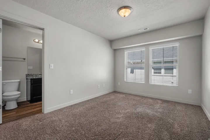 Plush carpet flooring, light neutral wall paint, two windows with blinds, and a semi-flush mount ceiling light