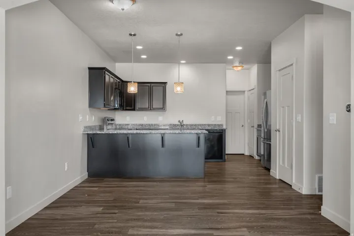Wood-finish flooring throughout, dark cabinetry, light-toned walls, recessed lighting, and stainless steel appliances