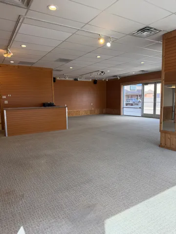 Recessed lighting, track lighting, light-toned carpeting, wood-finish slat wall panels, and a built-in counter