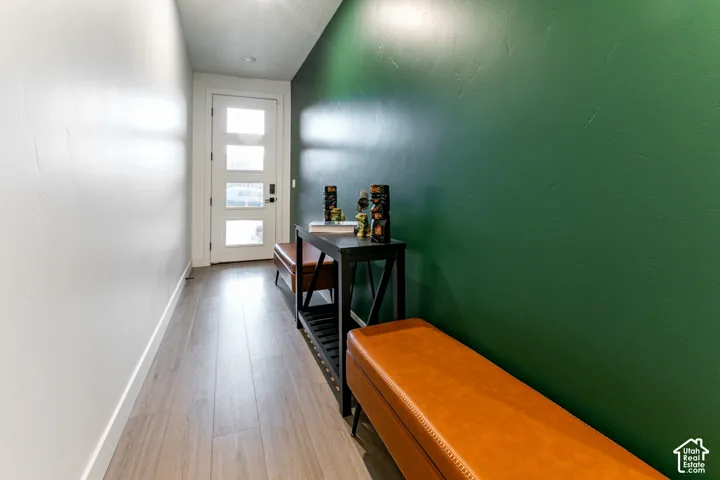 Entryway featuring wood-finish flooring, a contemporary white entry door with frosted glass panels, and a contrasting accent wall
