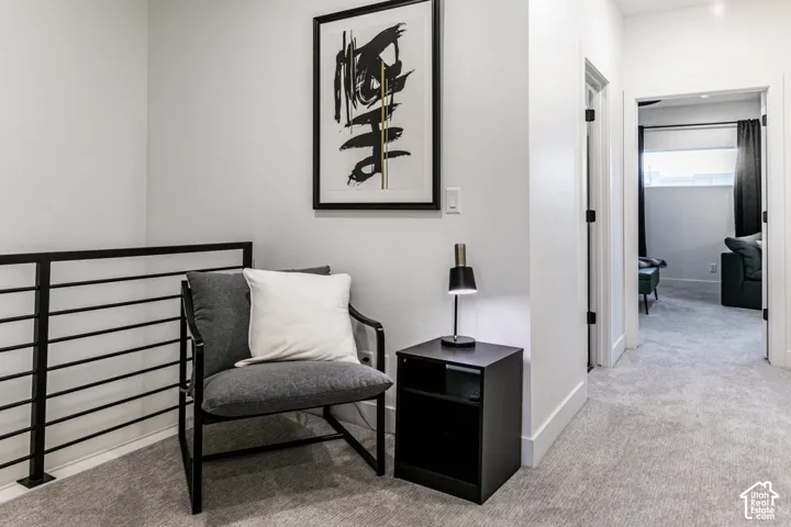 Light gray wall paint, carpeted flooring, white trim, and black horizontal metal railing