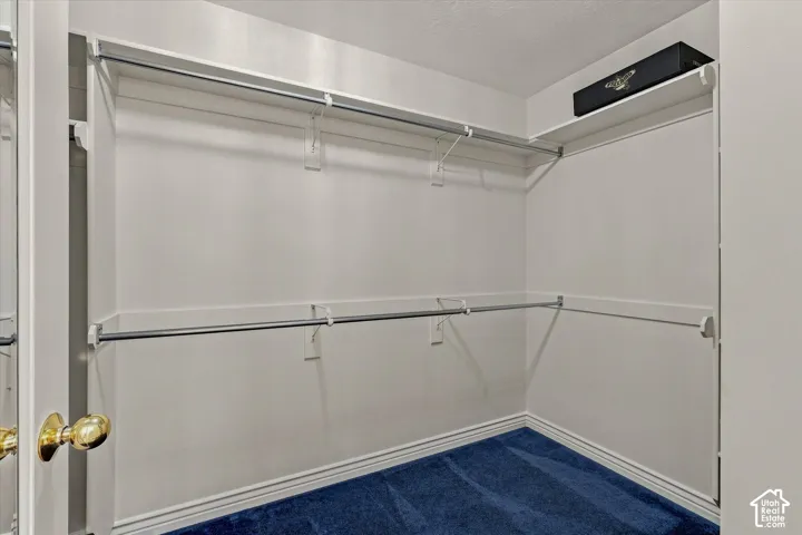Walk-in closet featuring extensive built-in shelving and hanging rods