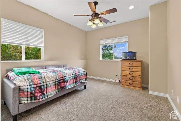 Carpeted flooring with multiple windows and a ceiling fan