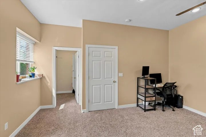 Carpeted room with a window, white window blinds, and white trim