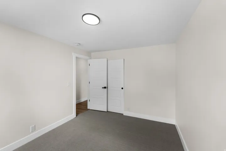 Neutral wall paint, gray carpeting, modern flush-mount ceiling light, white paneled doors, and dark door hardware