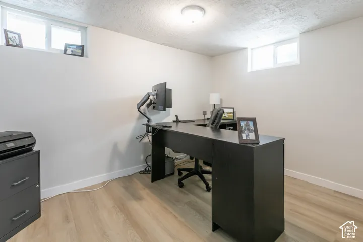 Light-toned wood-finish flooring, white walls, and two windows