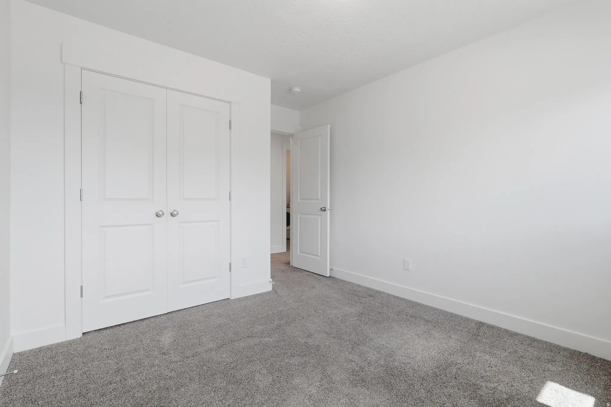 Neutral wall paint, gray carpet, and white trim