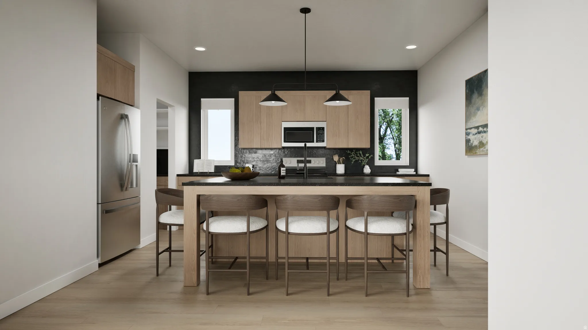 Wood-finish flooring, recessed lighting, and stainless steel appliances