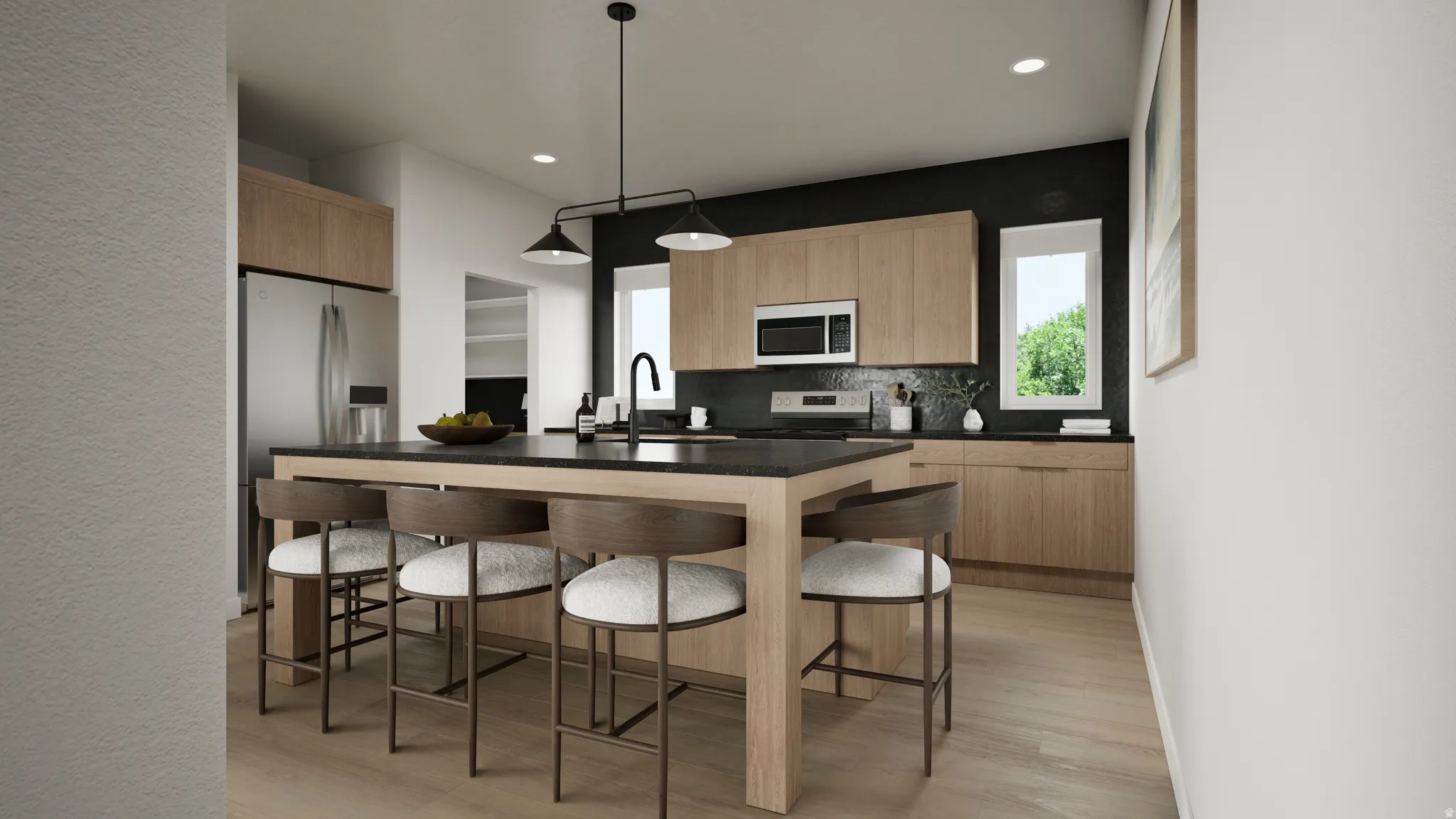 Kitchen featuring a large island with seating, wood-finish cabinetry, stainless steel appliances, dark countertops, and a black tile backsplash