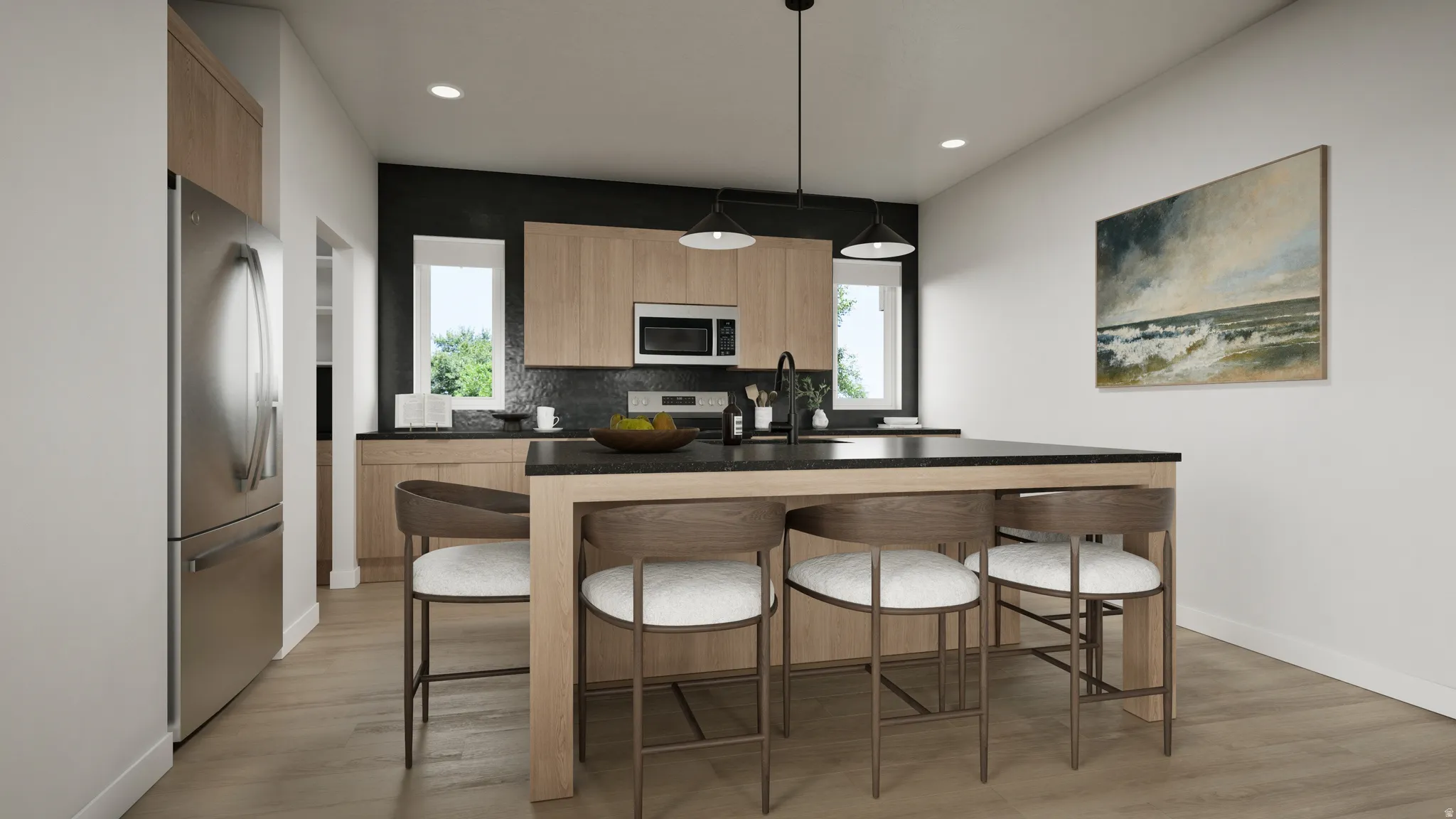 Kitchen with wood-finish flooring, light wood cabinetry, a black backsplash, dark countertops, and stainless steel appliances
