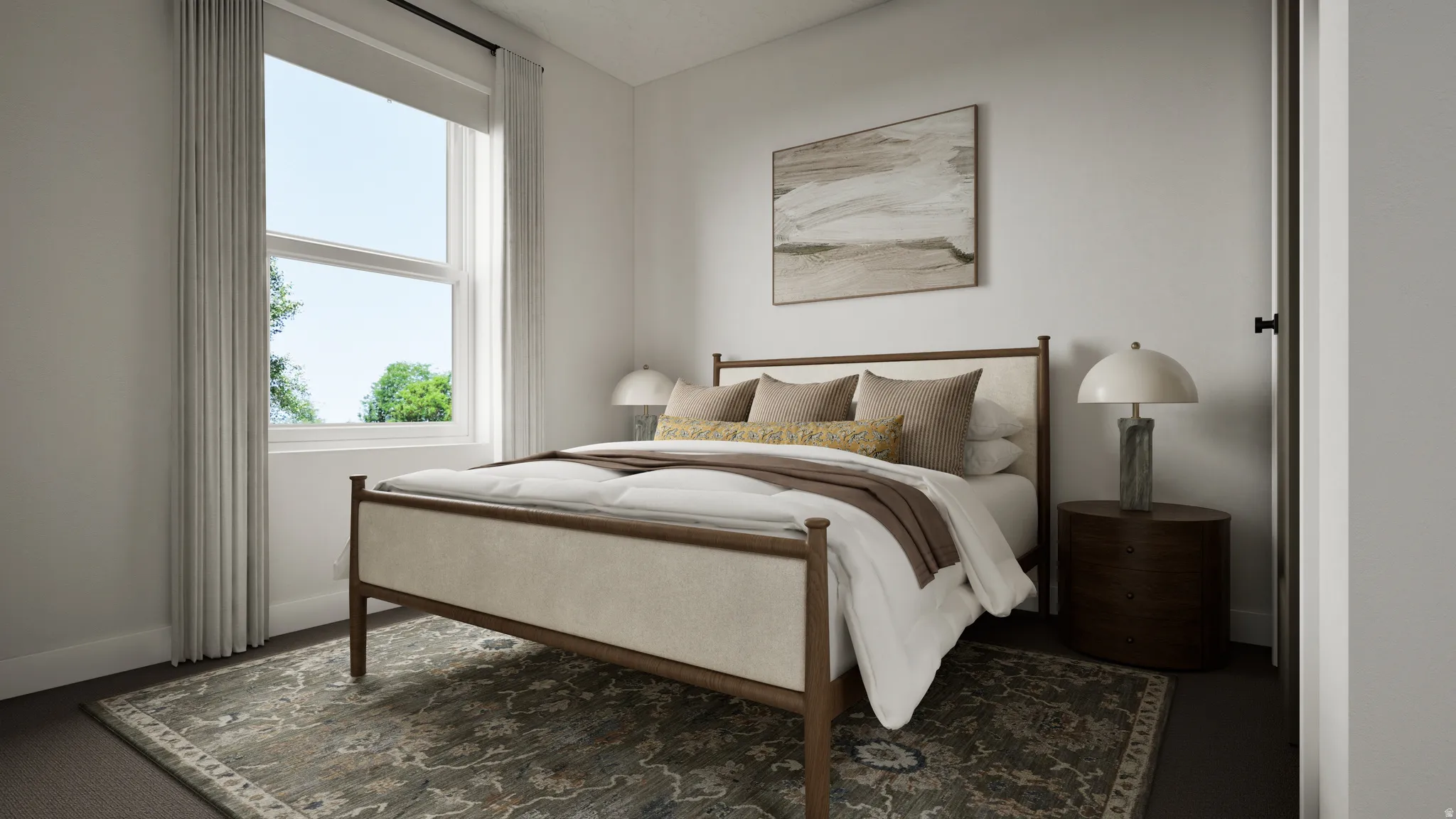 Large window with natural light, dark flooring, and light wall tones