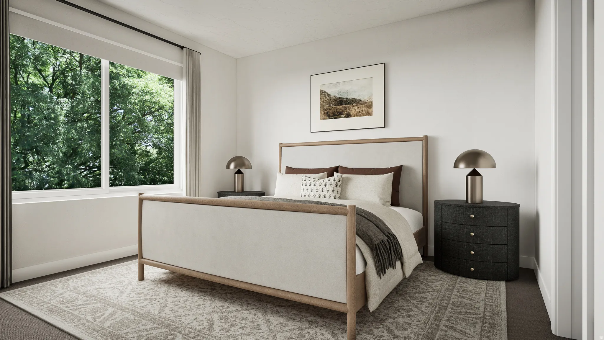 Large window with white trim, wood-finish flooring, white walls