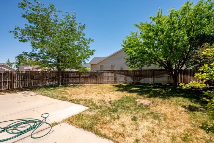 Fenced backyard with mature trees and a concrete patio area