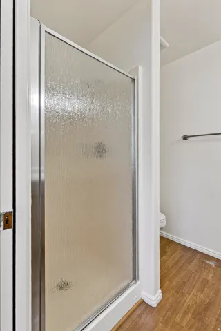 Frosted glass shower enclosure and wood-finish flooring