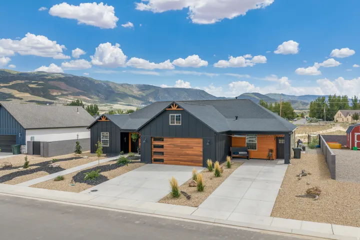Modern exterior with dark siding, wood-finish garage door, concrete driveway, and low-maintenance landscaping