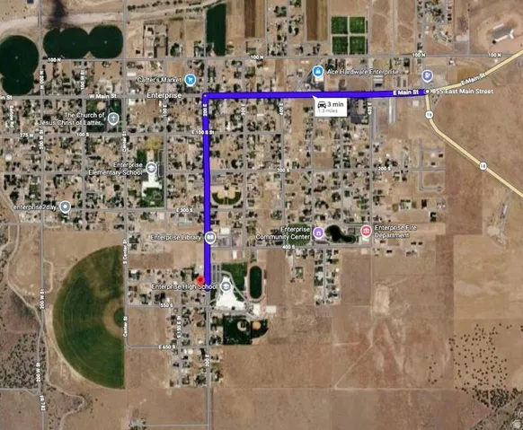Map Image. Displaying a route calculation within the Enterprise area, indicating a travel time of 3 minutes over 1.3 miles