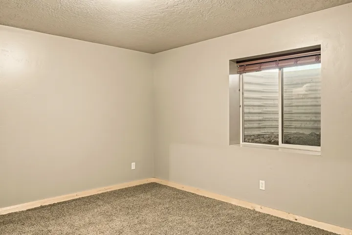 Spacious bedroom with neutral wall finishes, carpeted flooring, and abundant natural light from a large dual-pane window with horizontal blinds